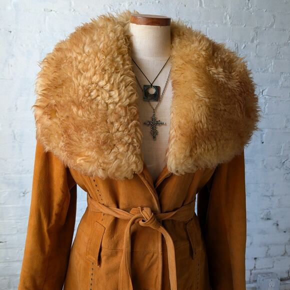 Vintage Orange Suede Penny Lane Jacket Leather Trench Coat Faux Fur Coat Large - Picture 3 of 12
